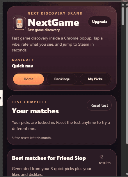 NextGame extension overview screen