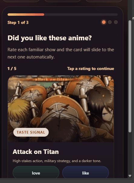 NextShow extension screen showing anime rating flow