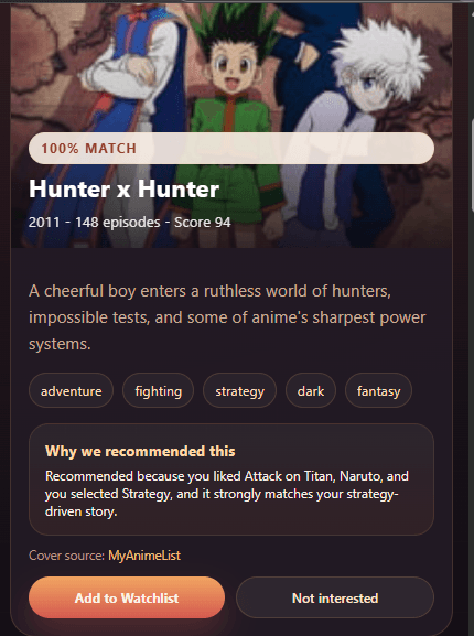 NextShow extension screen showing anime recommendation result